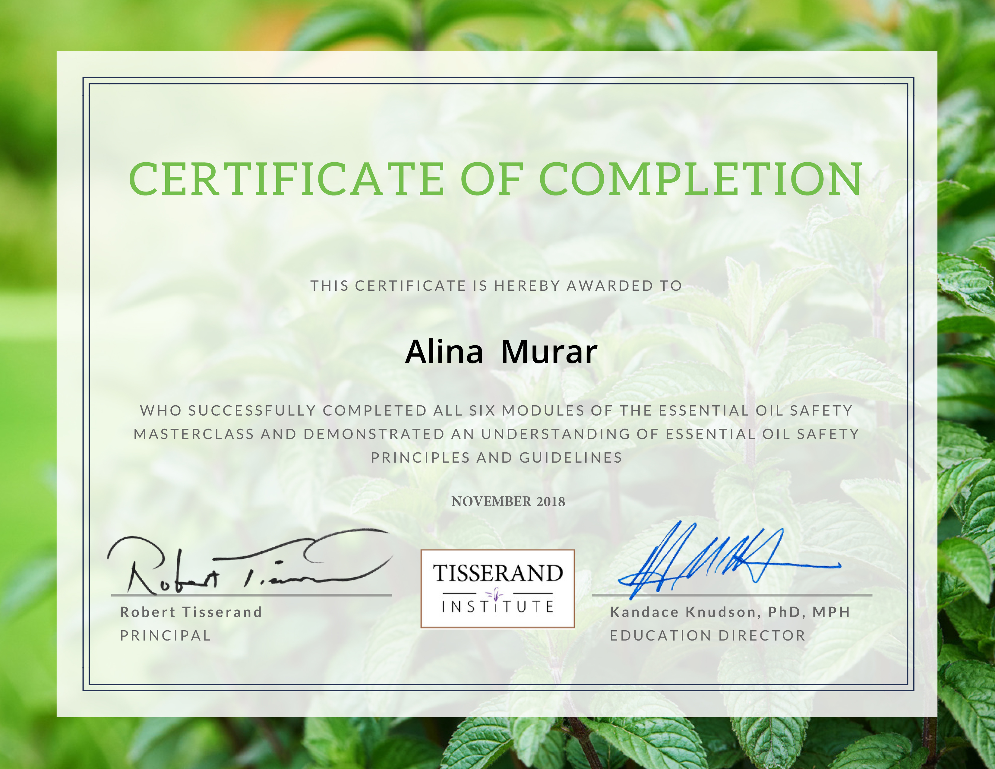 Essential Oil Safety certificate