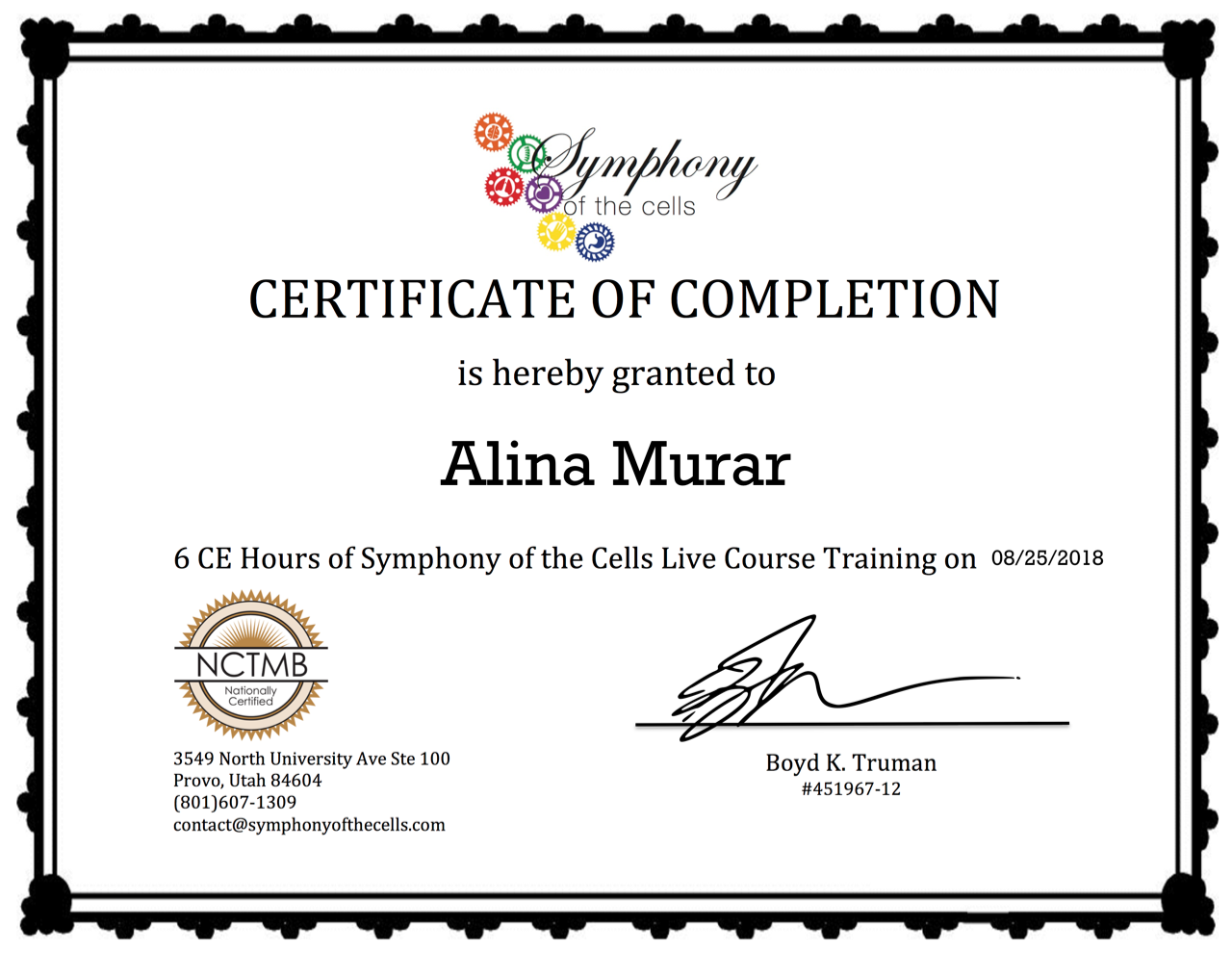Symphony of the Cells certificate