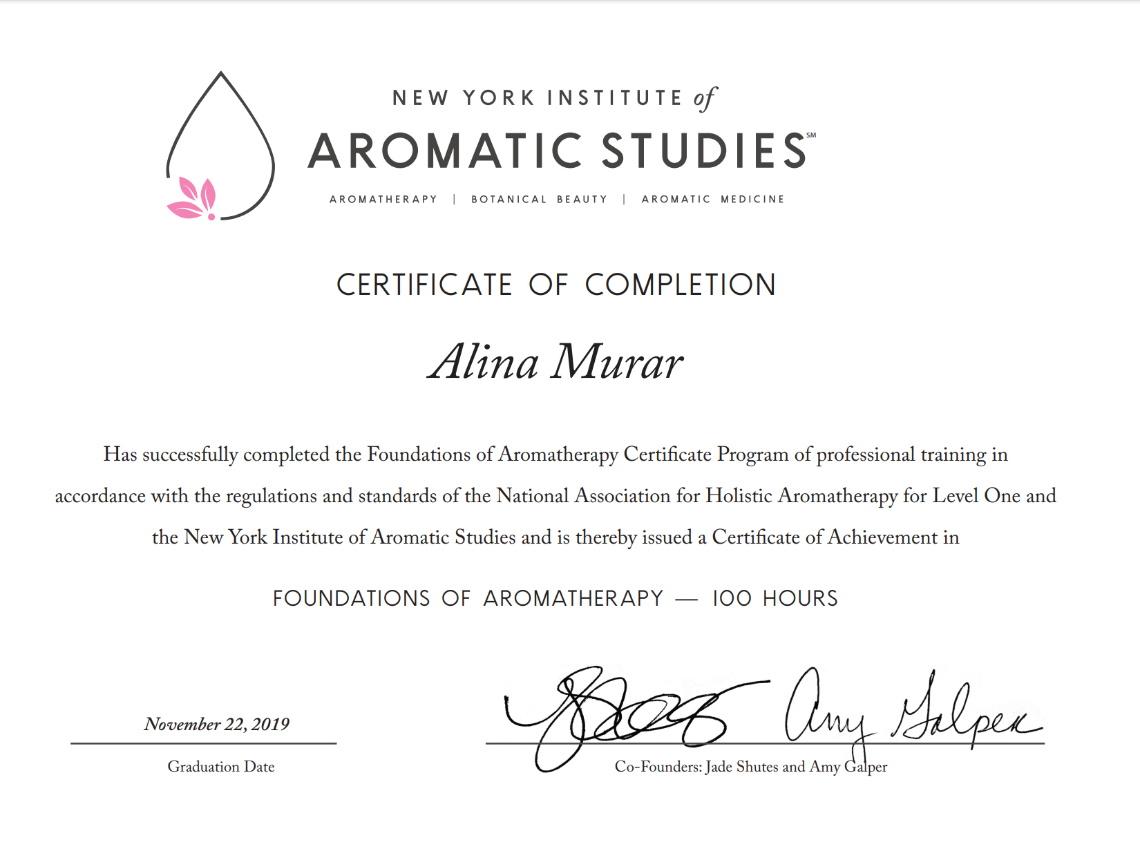 NAHA Level I Certified Aromatherapist certificate