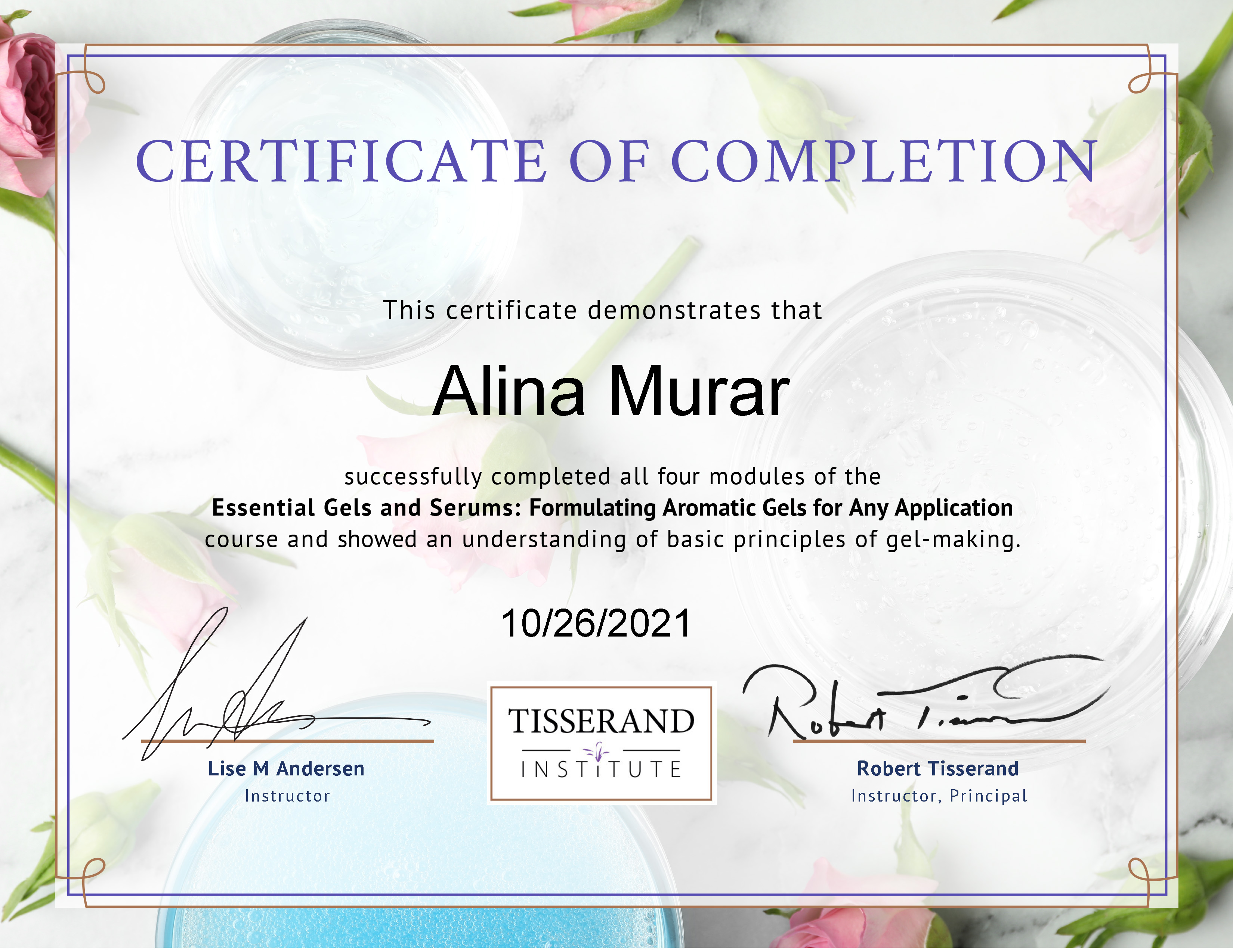 Essential Gels and Serums certificate