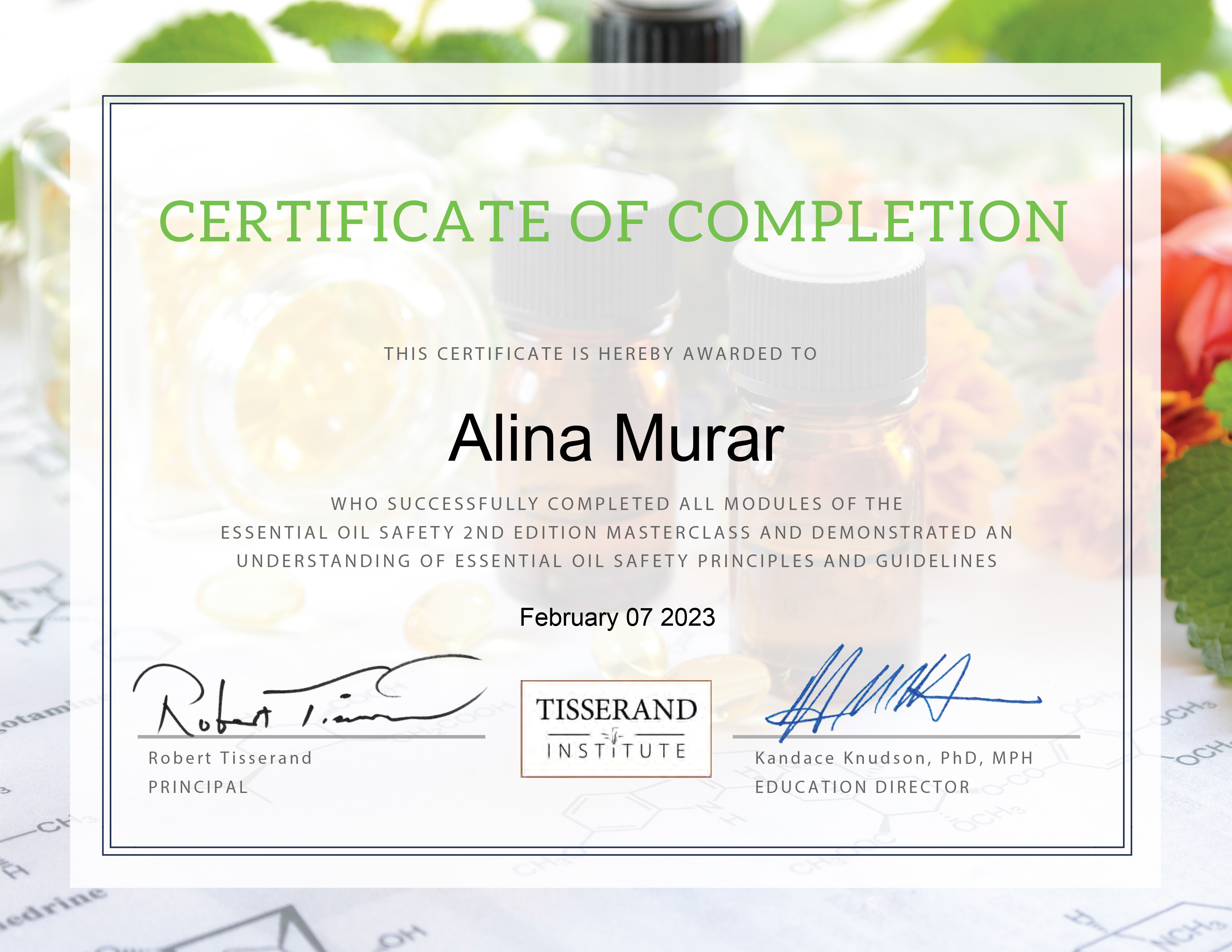 Essential Oils Safety 2e certificate
